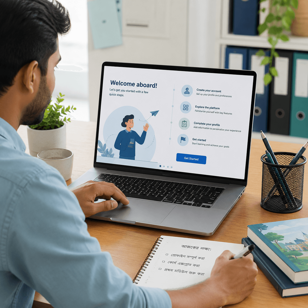 A new team member working through the onboarding welcome steps on a laptop
