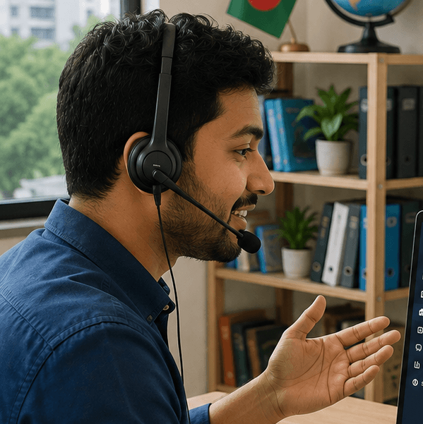 An instructor on a headset walking a learner through a course
