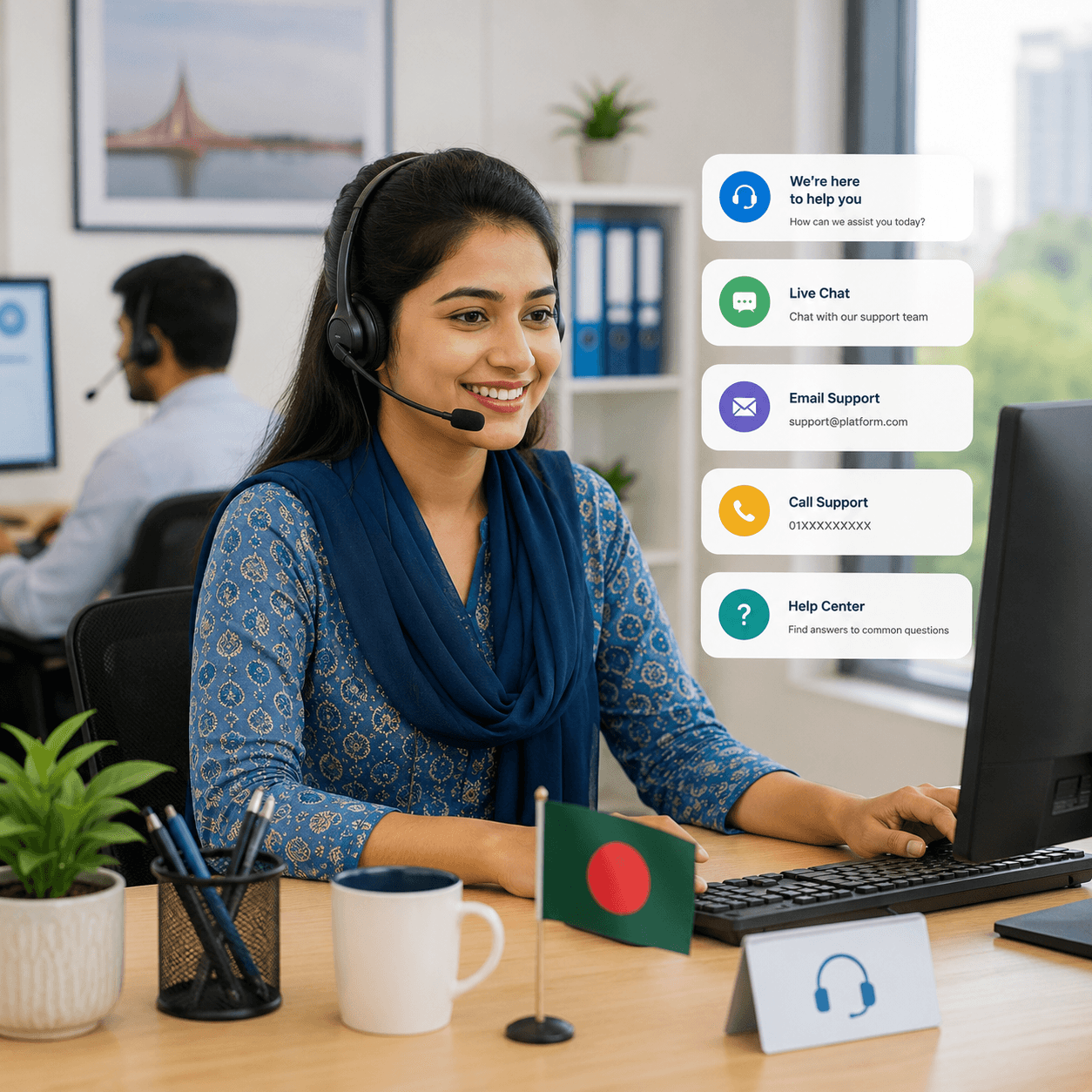 A customer support specialist wearing a headset at her desk