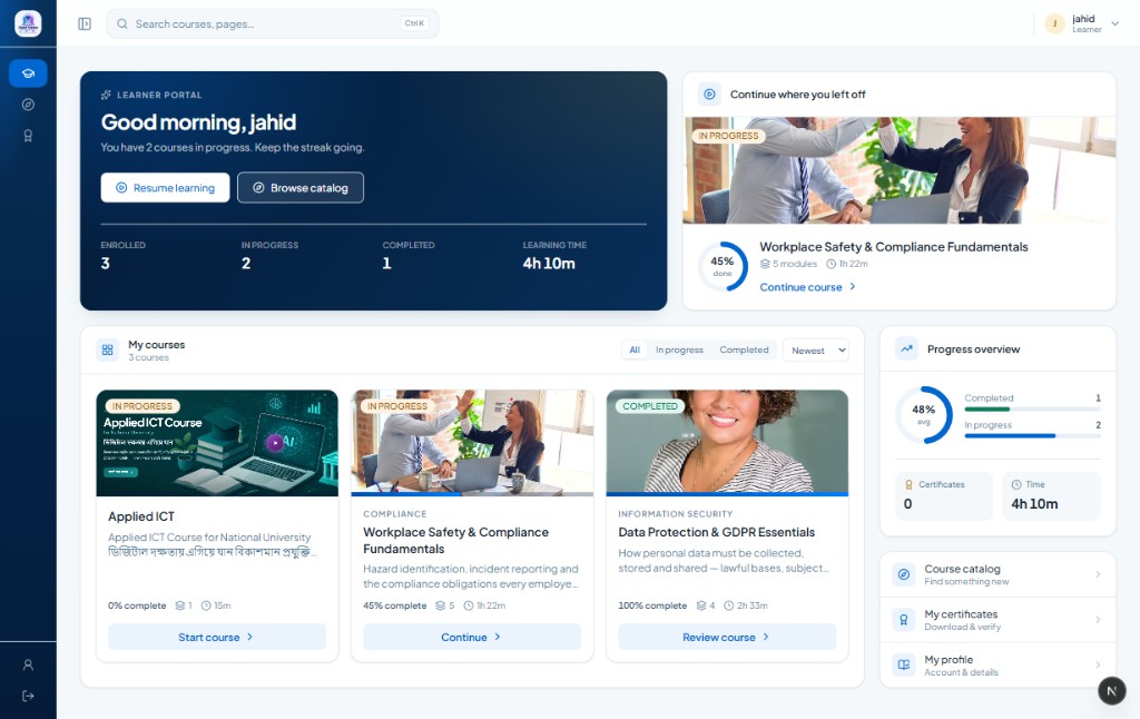The DTCLMS learner dashboard: enrolled, in-progress and completed counts, a resume-where-you-left-off card, and the my-courses grid